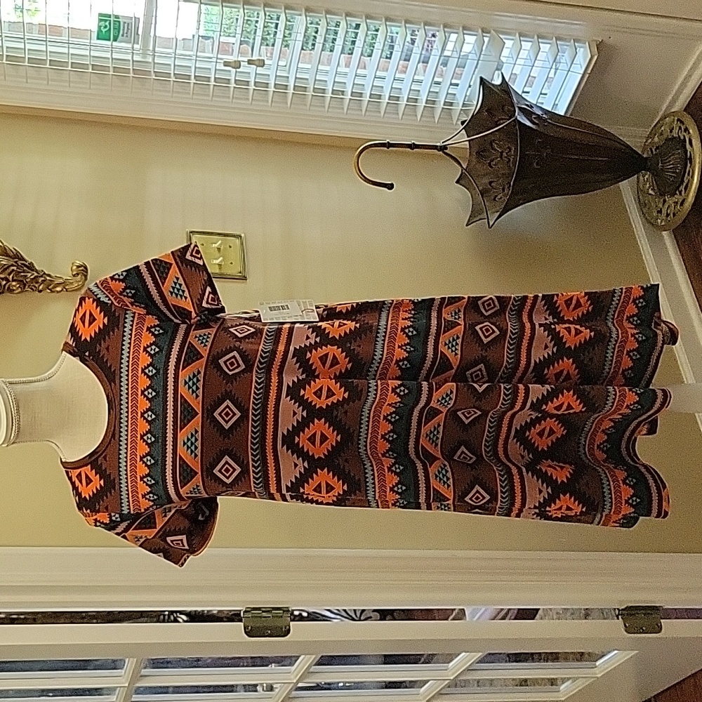 LuLaRoe Carly short sleeve dress Brown Orange Blue Black Aztec print  Small NEW